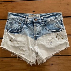 Zara Shorts Womens Blue Denim Jean High Rise Midi Distressed Light Wash Studs 2